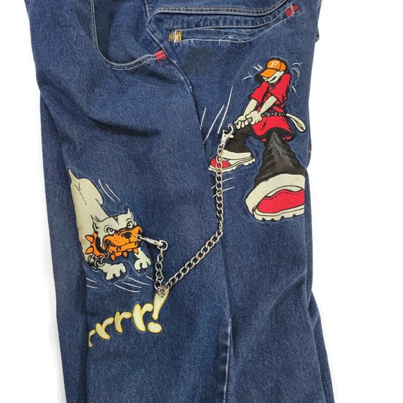 Paco Sport Other - Vintage PACO Sport Baggy Denim Jeans Pitbull Dog embroidery 38 x 33 With Chain.